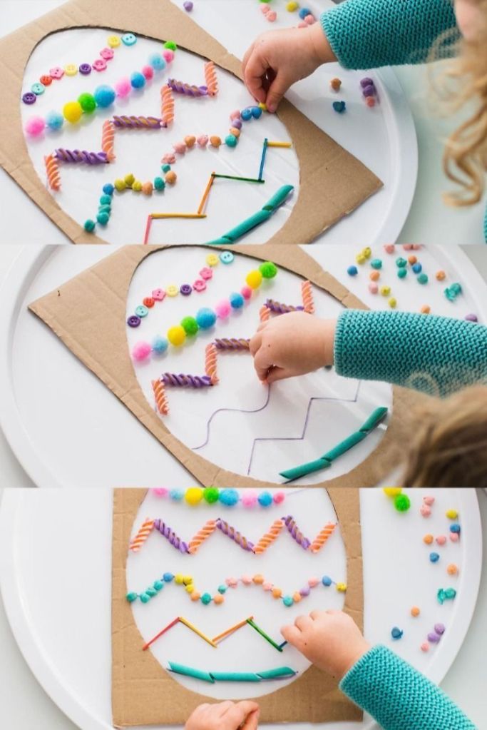 easter sensory craft for kids egg collage with pom poms pasta and buttons