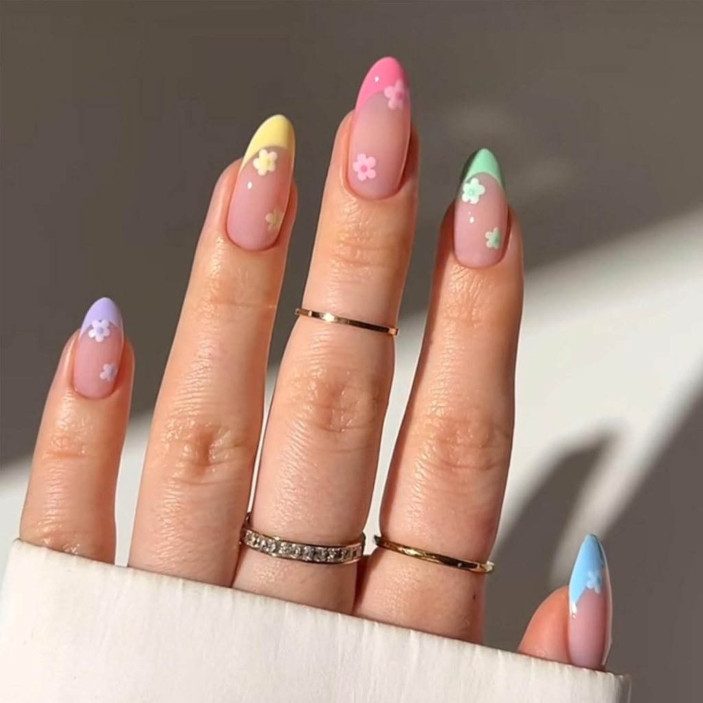 pastel flower french tip nails with soft feminine summer colors

