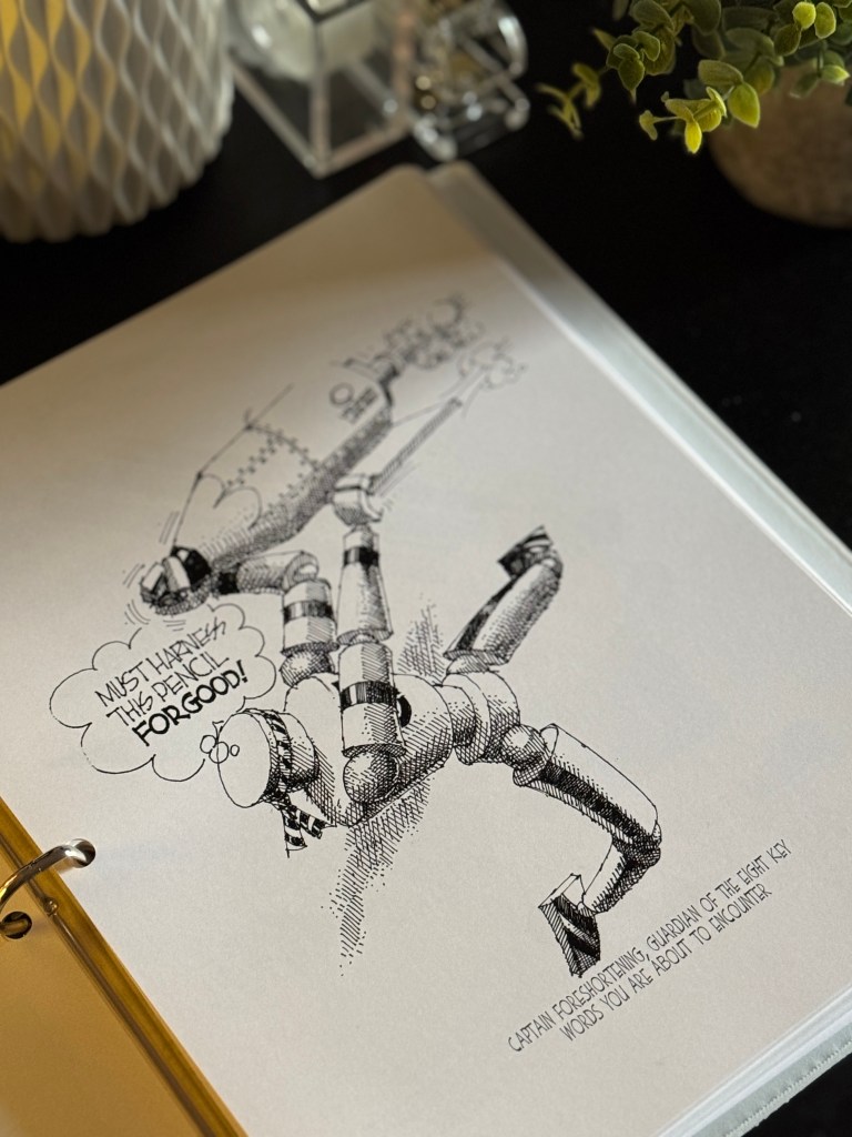 A cartoon illustration of a whimsical character with a robotic arm holding a pencil, accompanied by humorous text about harnessing the pencil for good. The image is placed inside a binder on a tabletop.