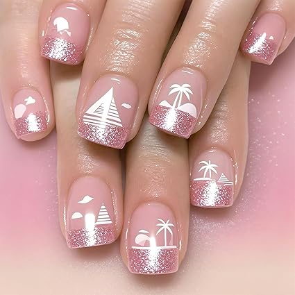 pink beach sunset summer nails with palm tree silhouettes and glitter ombre design