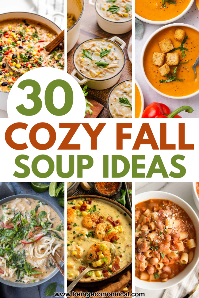 Warm and hearty fall soup collage featuring 30+ recipes with rich colors, garnishes, and rustic bowls