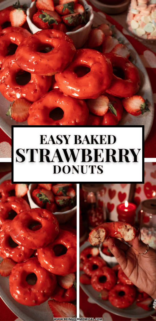 A plate of easy baked strawberry donuts topped with bright red strawberry glaze, surrounded by fresh strawberries.