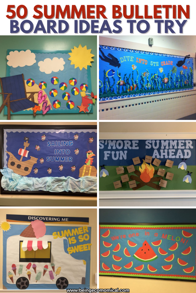 Colorful bulletin board ideas themed around summer, featuring beach balls, ice cream, and summer activities.