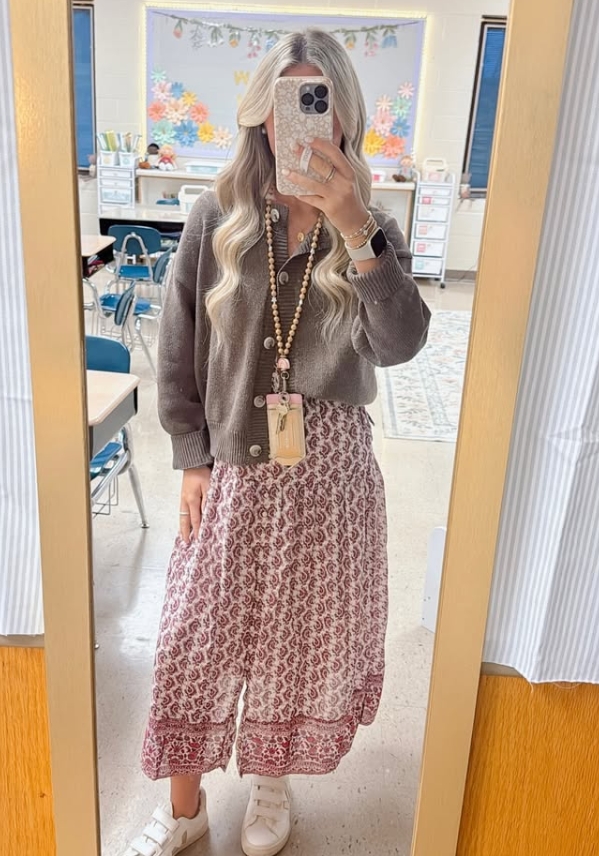 teacher outfit with brown cardigan and printed midi skirt