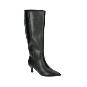 A stylish black knee-high boot with a pointed toe and a sleek design.