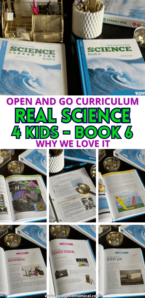 A close-up view of an open curriculum textbook titled 'Real Science 4 Kids Book 6', featuring vibrant pages with diagrams and text, placed on a wooden table alongside decorative items.