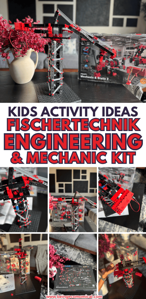 A Fischertechnik STEM engineering kit displayed beside a completed model, showcasing its mechanical building capabilities.