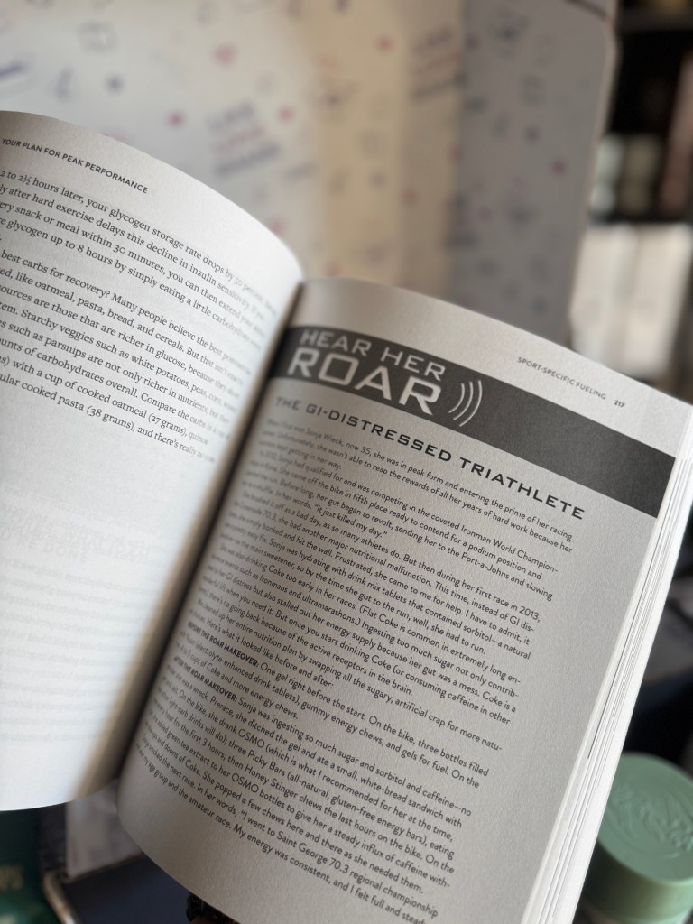 An open page of a book titled 'ROAR', focusing on nutrition and performance strategies for women, with highlighted sections and text discussing recovery and fueling.