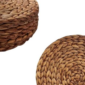 Close-up view of woven placemats made from natural fibers, suitable for a warm and inviting Thanksgiving table setting.