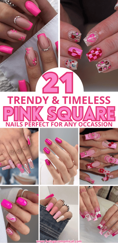 A collage of various pink square nail designs featuring trendy patterns and embellishments.