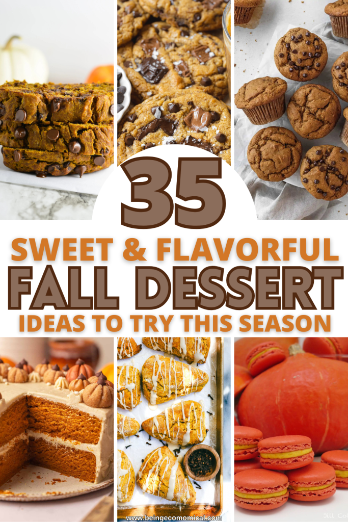 A collage of various pumpkin desserts, including cookies, muffins, cakes, scones, and macarons, with a decorative text overlay that reads '35 Sweet & Flavorful Fall Dessert Ideas to Try This Season'.