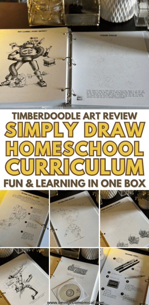 A close-up view of the 'Simply Draw' curriculum binder open to pages of drawing exercises, featuring fun characters and instructional content with a warm, inviting atmosphere.