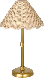 A gold base table lamp with a woven rattan shade, designed to provide warm lighting for home decor.