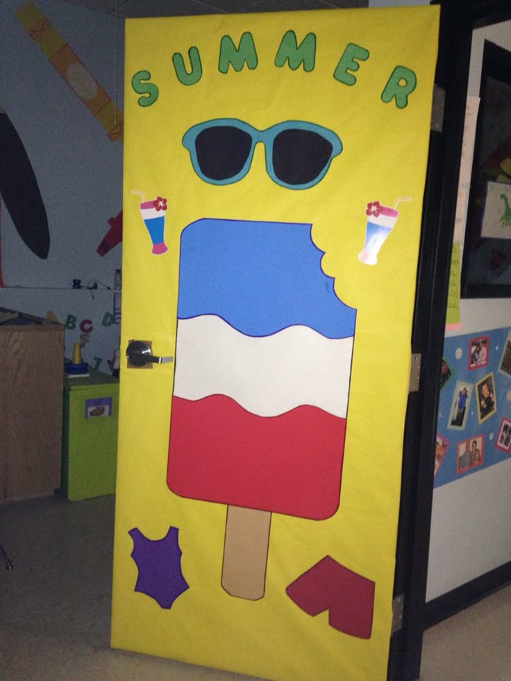 bright popsicle summer classroom door with colorful popsicle decorations