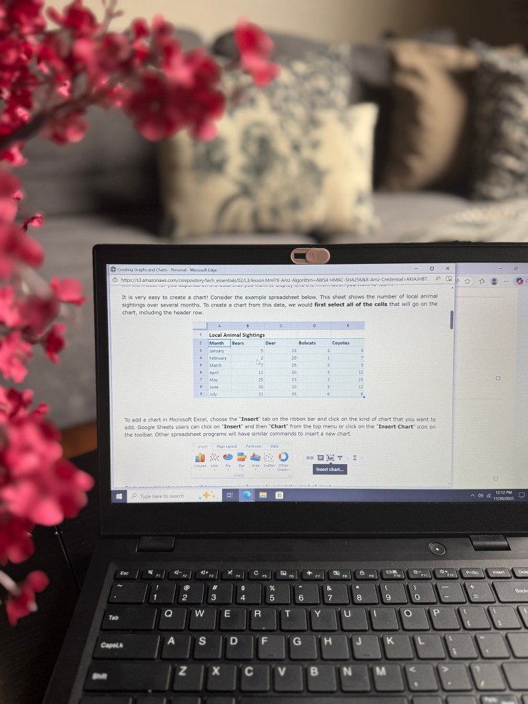 A laptop displaying a spreadsheet with a chart creation lesson, surrounded by a pink flower arrangement and a patterned cushion in the background.