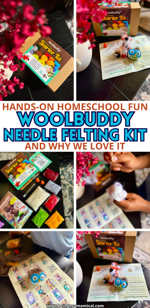 A colorful Woolbuddy Needle Felting Starter Kit displayed on a table, showcasing vibrant wool roving, tools, and an instruction booklet, with a child's hand holding a felting needle.