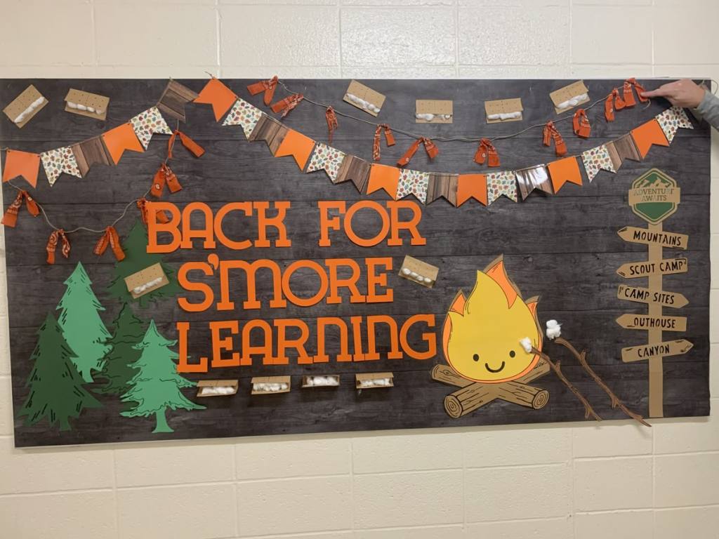 Back for S'more Learning fall bulletin board featuring a campfire, pine trees, s'mores, rustic banners and camping-themed classroom decorations.