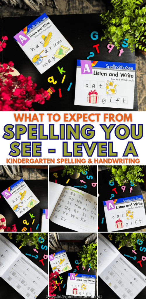Pinterest collage showcasing Spelling You See Level A handwriting, phonics, letter tracing, and beginner spelling activities for homeschool kindergarten students.