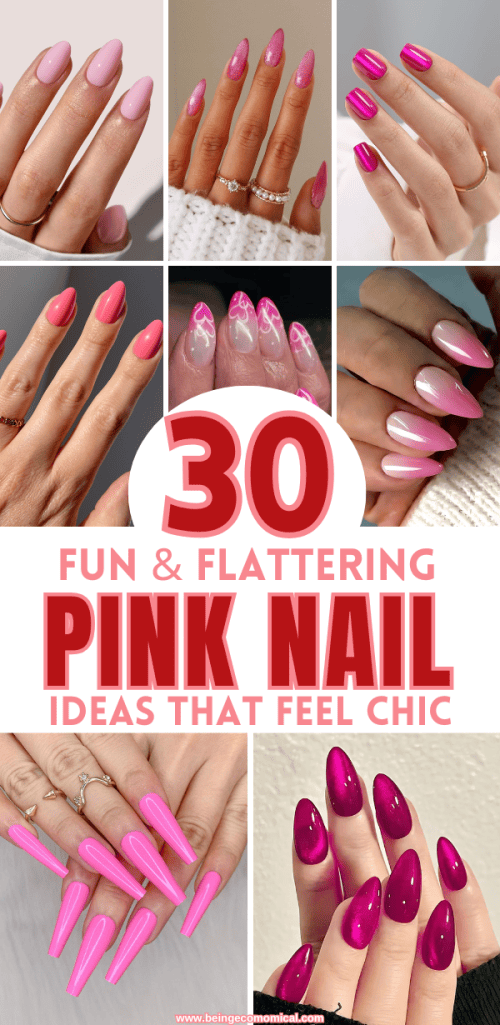 A collage of various pink nail designs, showcasing different shades and styles. The image includes short and long nails with various nail art, including ombre, glitter, and heart patterns.