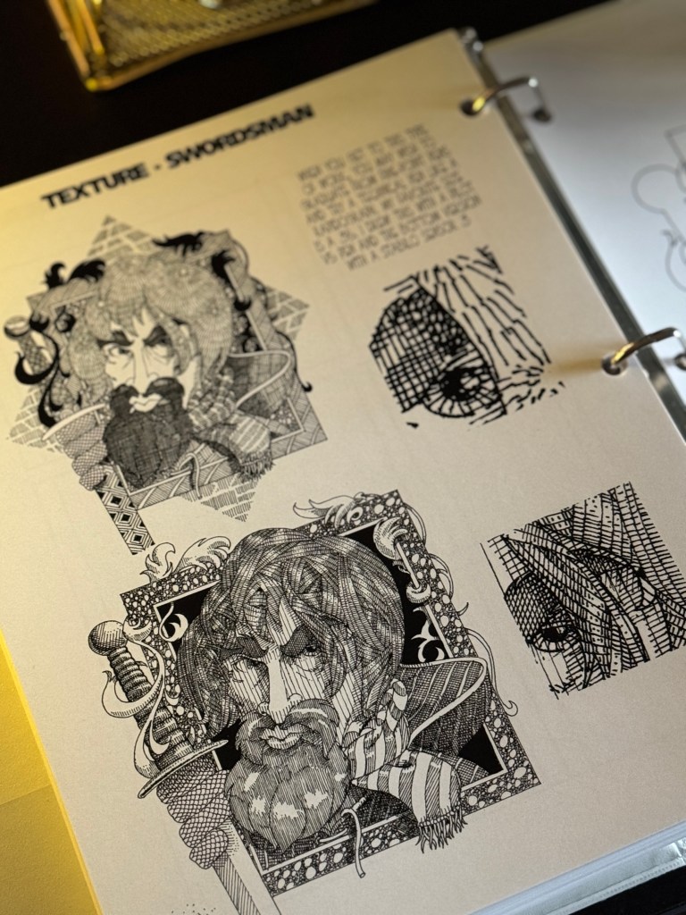 Illustration page featuring detailed drawings of a swordsman, showcasing various textures and techniques, alongside instructional text about art.