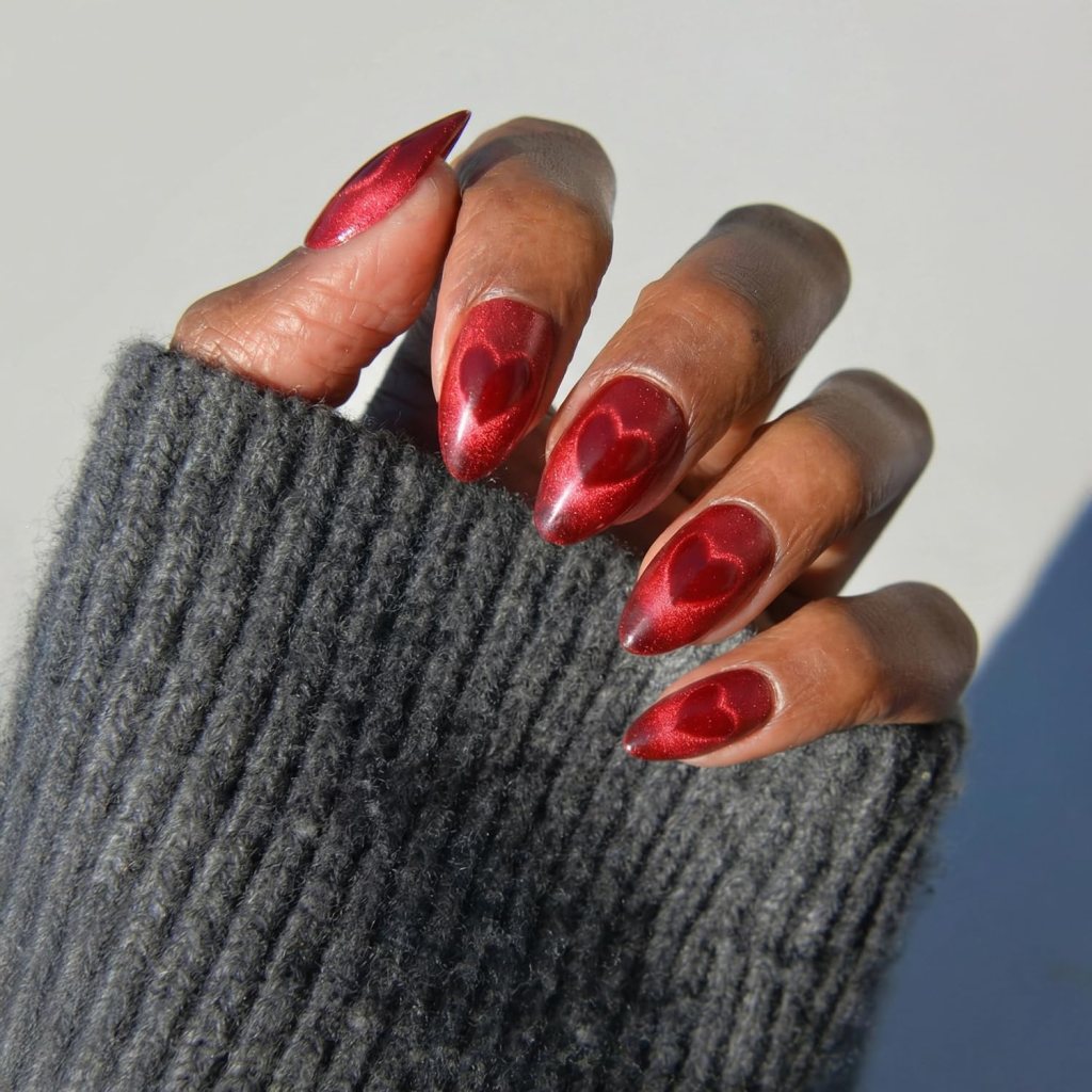 A hand with long, red heart-shaped nail art, holding a grey knitted sweater.