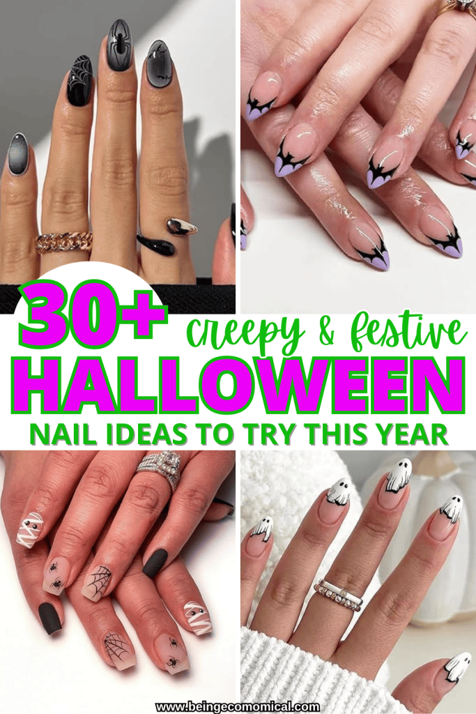 A collage of Halloween-themed nail designs featuring black spiderwebs, pastel lavender tips, and cute ghost accents on different manicured hands.