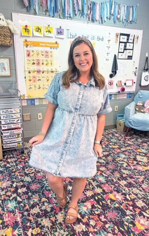 casual teacher outfit with denim dress and sandals