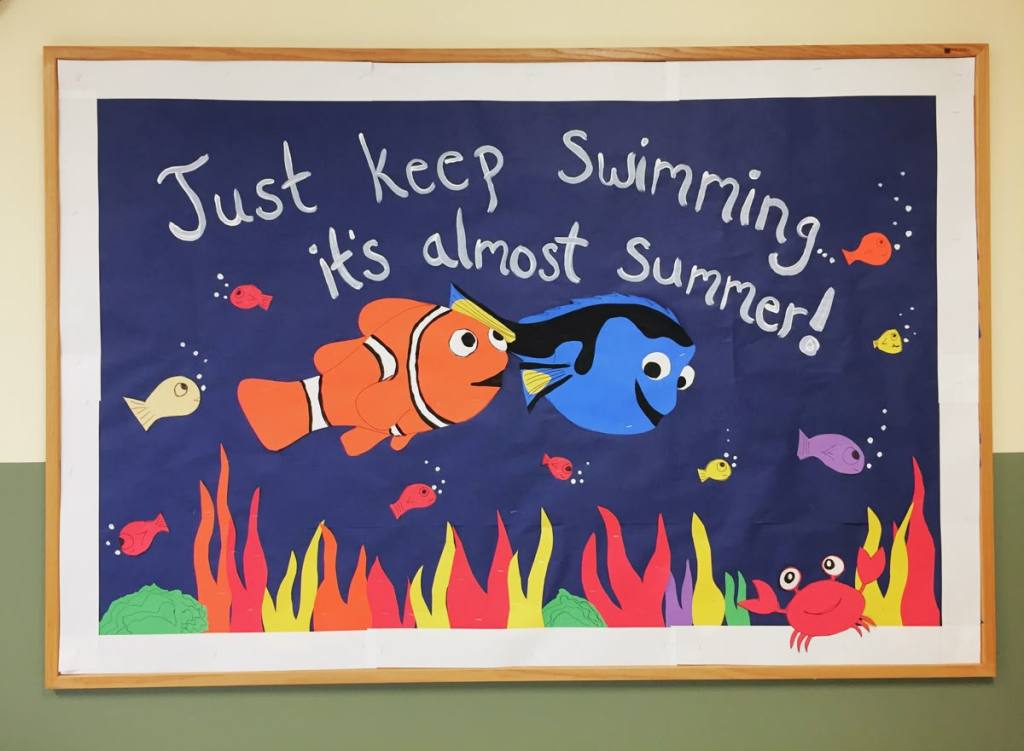 just keep swimming bulletin board classroom fish theme end of year summer display