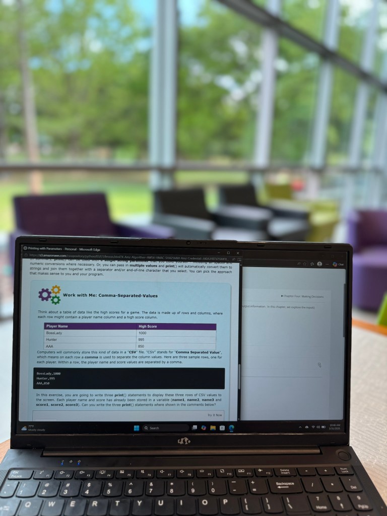 CompuScholar Python activity showing commenting and printing code practice on laptop