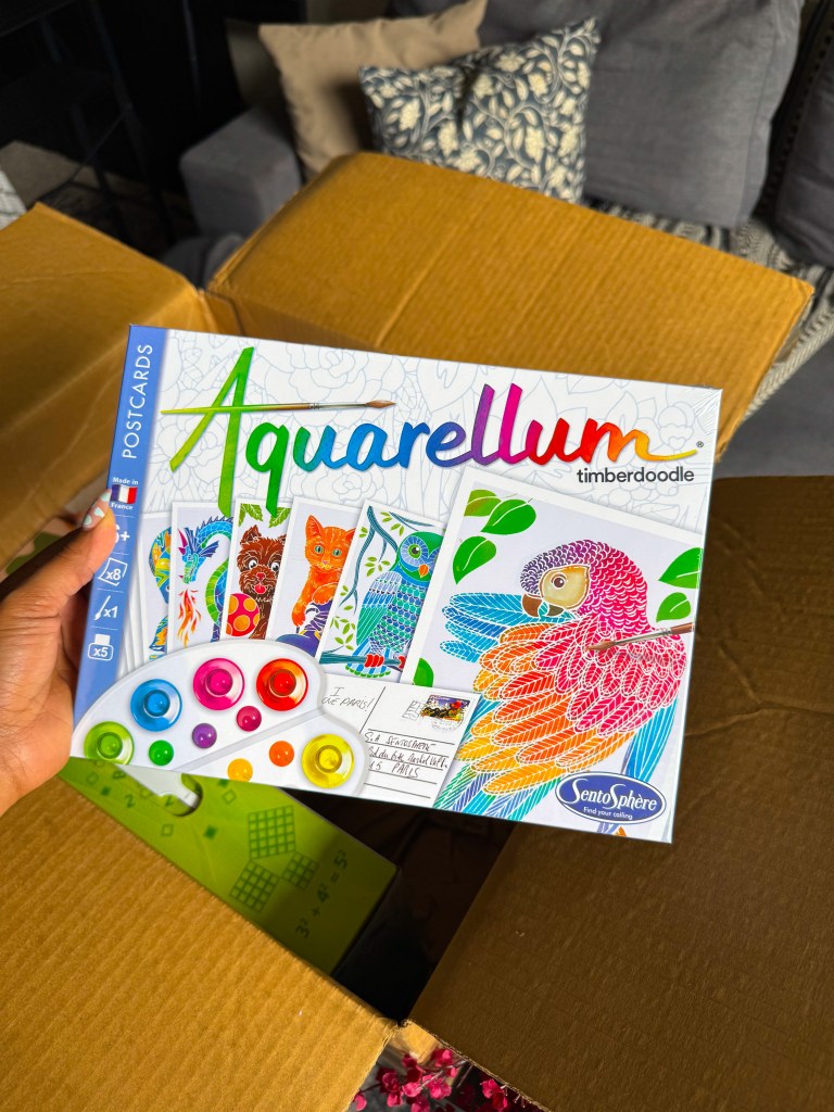 Aquarellum Postcards watercolor art kit included in the Timberdoodle Kindergarten homeschool curriculum.