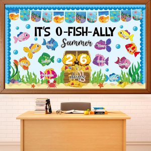 fish themed classroom door idea for summer with ocean decorations