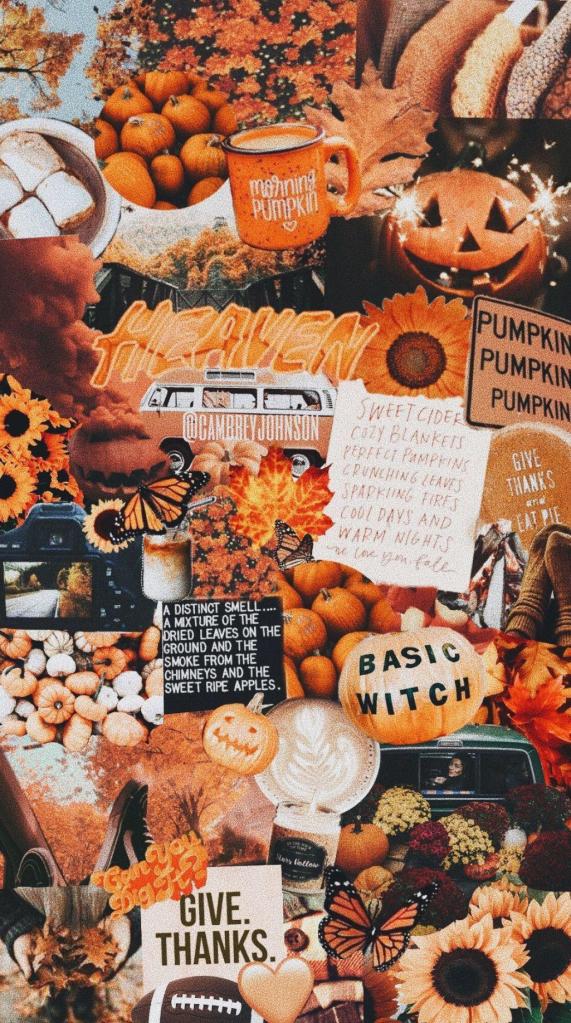 A colorful autumn-themed collage featuring pumpkins, a cozy drink, fall leaves, sunflowers, and various seasonal elements with phrases like 'Give Thanks' and 'Basic Witch.'