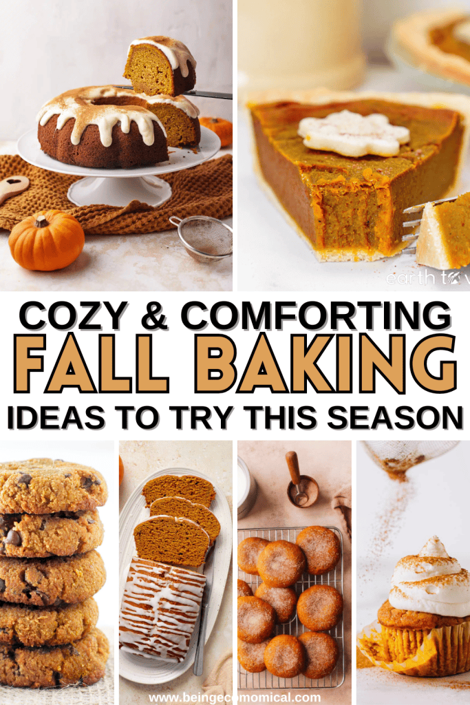 A collage of cozy fall baked goods, including a pumpkin bundt cake, pumpkin pie, cookies, and a loaf cake, with autumn decorations like pumpkins.