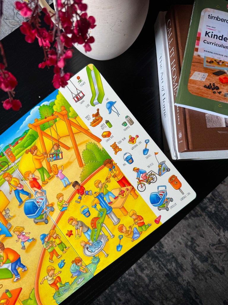 My Big Wimmelbook My First 100 Words book from Timberdoodle kindergarten curriculum