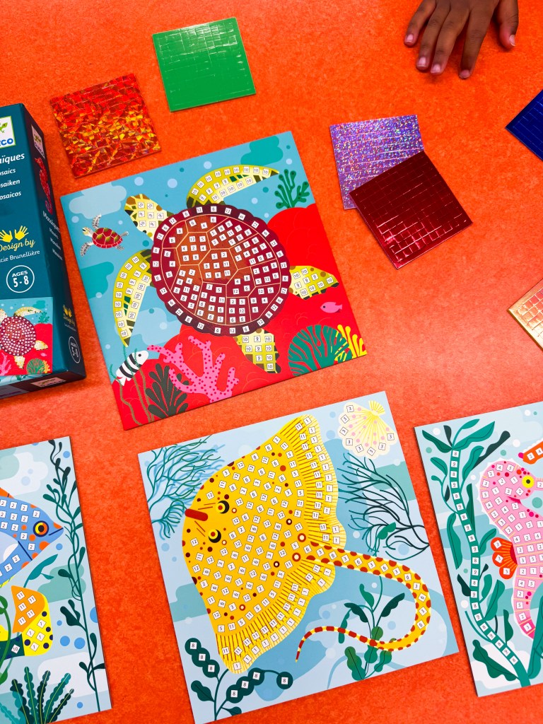 Close-up of numbered ocean animal boards from the Djeco Caribbean Mosaics kindergarten activity.