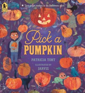 A children's book cover titled 'Pick a Pumpkin' featuring illustrated children picking pumpkins amidst various pumpkins and Halloween-themed decorations.