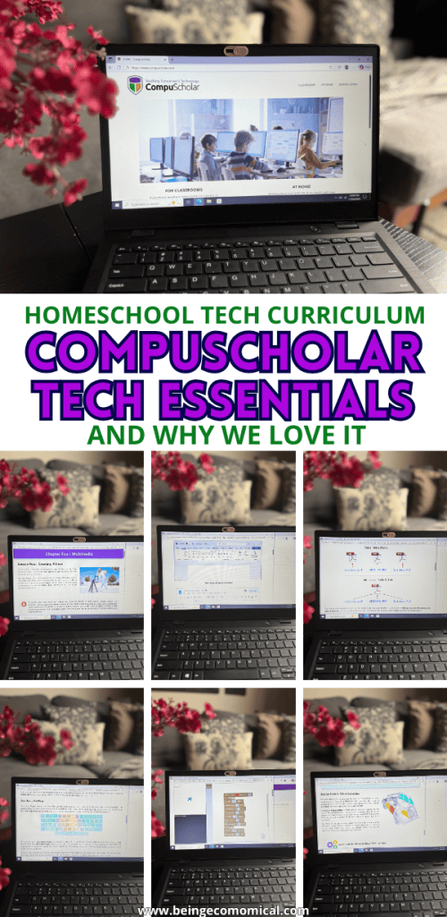 A laptop displaying the CompuScholar Tech Essentials homepage with educational content for homeschooling.