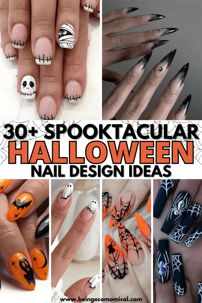 A collage of Halloween-themed nail designs featuring spooky designs with ghosts, bats, and pumpkins. The nails display a variety of colors, including orange, black, and nude, showcasing playful and elegant styles perfect for the Halloween season.