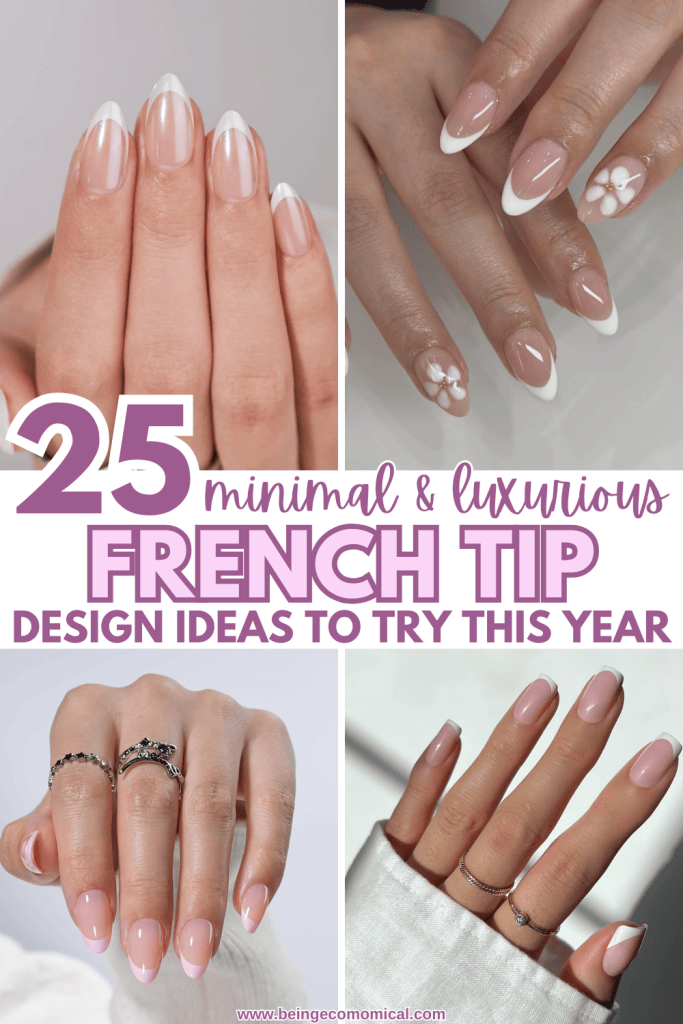 Collage of four images showcasing various minimal and luxurious French tip nail designs, featuring elegant hands with different nail art styles.