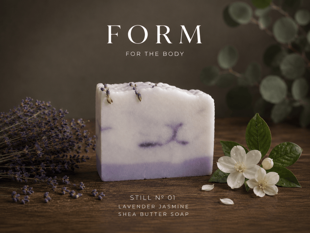 STILL No. 01 lavender jasmine shea butter soap by FORM with purple swirls and lavender botanicals
