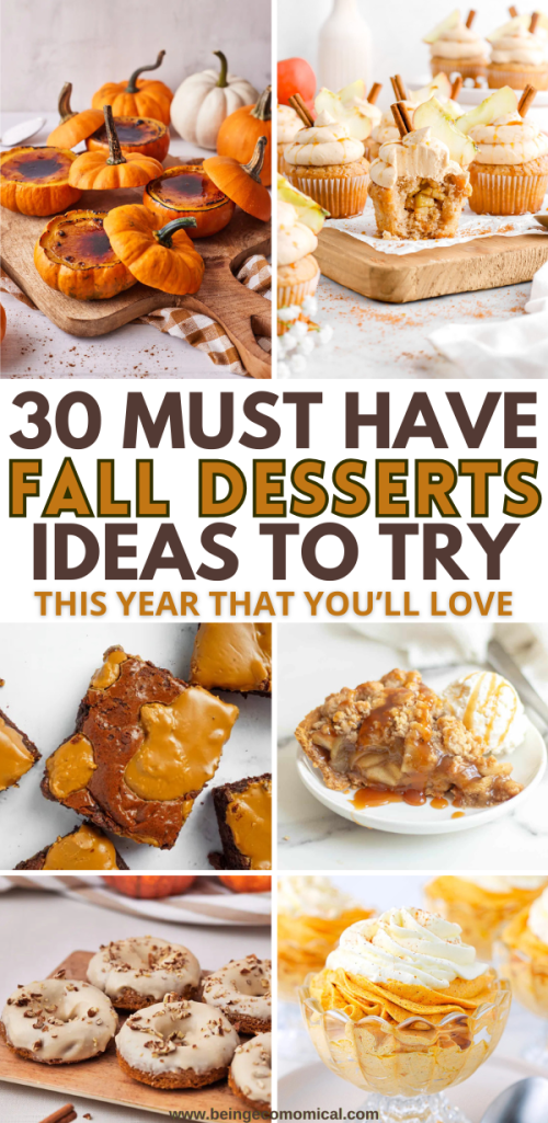 A collage of delicious fall desserts including pumpkin treats, apple desserts, and caramel treats, showcasing a variety of autumn-themed sweets.