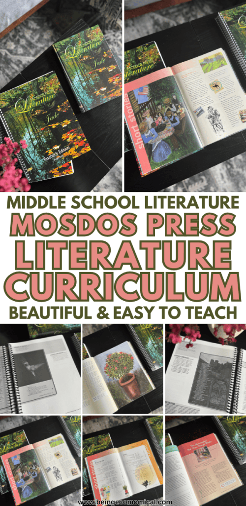 A visually appealing display of the Mosdos Press Literature: Jade curriculum for middle school, featuring the book cover and opened pages showcasing illustrations and text.