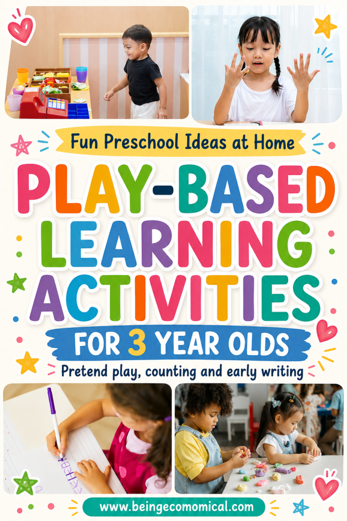 Pinterest graphic featuring preschool learning activities for 3-year-olds with letters, pretend play and early writing
