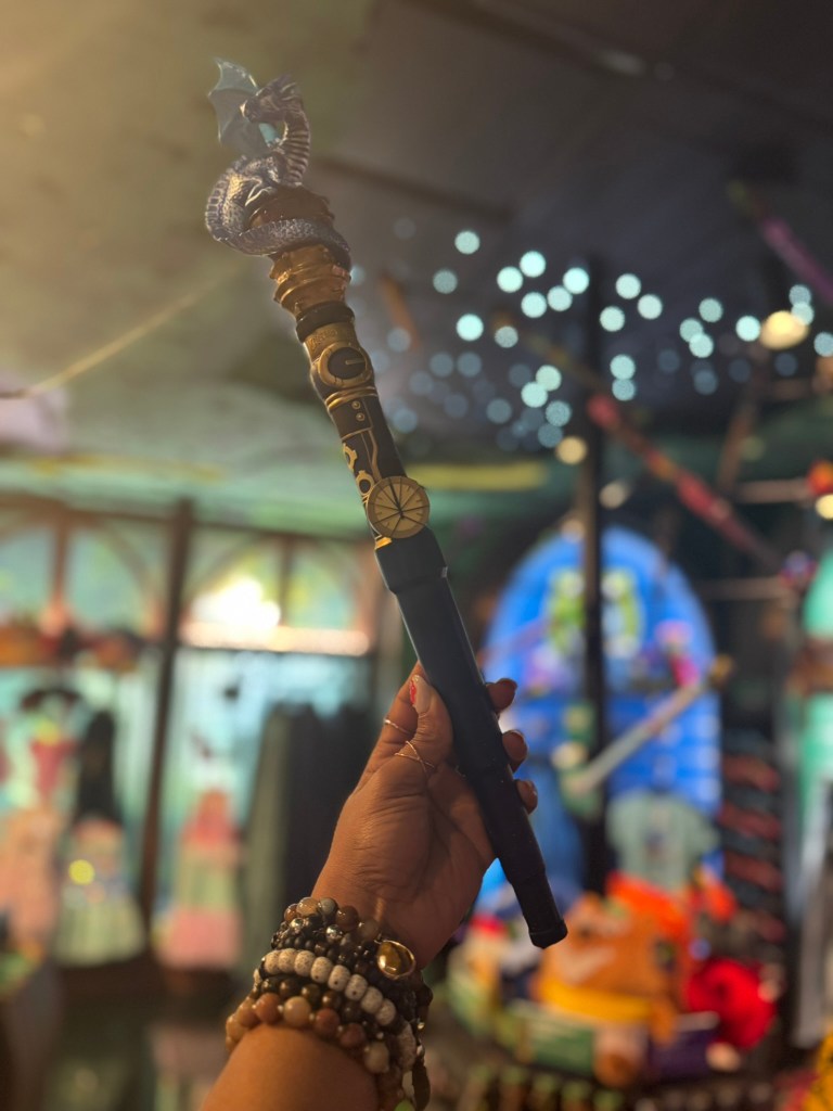 Close-up of a dragon-themed MagiQuest wand at Great Wolf Lodge Grapevine, used during the interactive MagiQuest adventure.