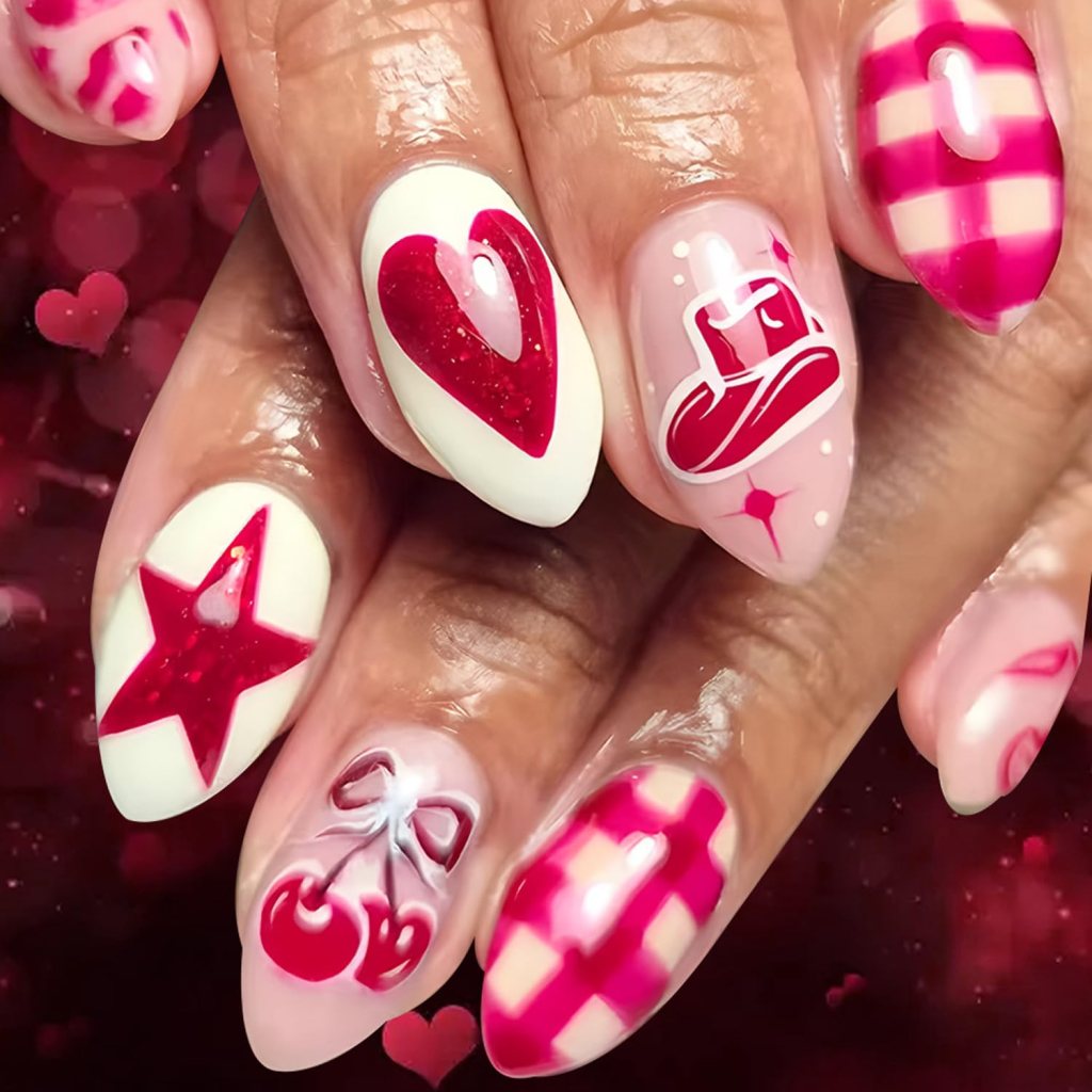 Close-up image of themed nail art featuring red and pink designs, including hearts, stars, cherries, and a checkered pattern on various nails.