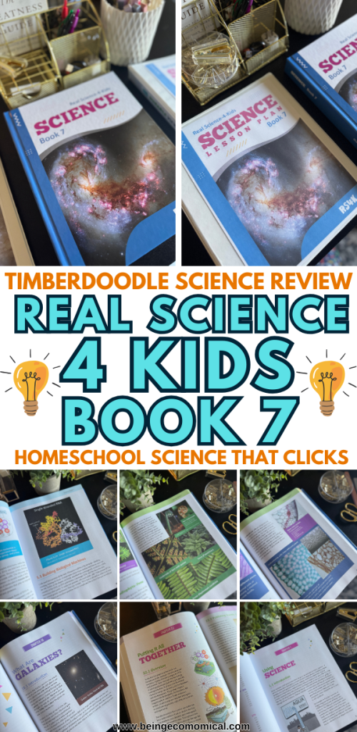 A collection of images showcasing the Real Science 4 Kids Book 7 and its components, including the textbook and lesson plan, with colorful visuals and engaging layouts.