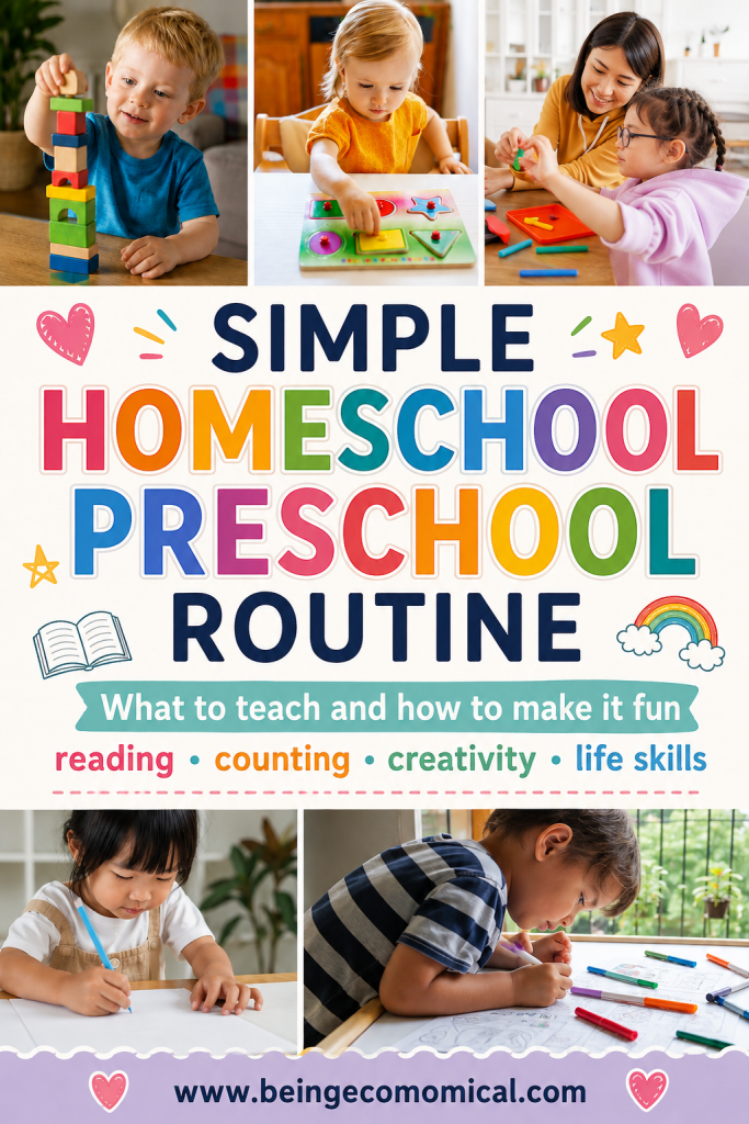 Pinterest pin showing a simple homeschool preschool routine with reading, counting, creativity, and life skills.