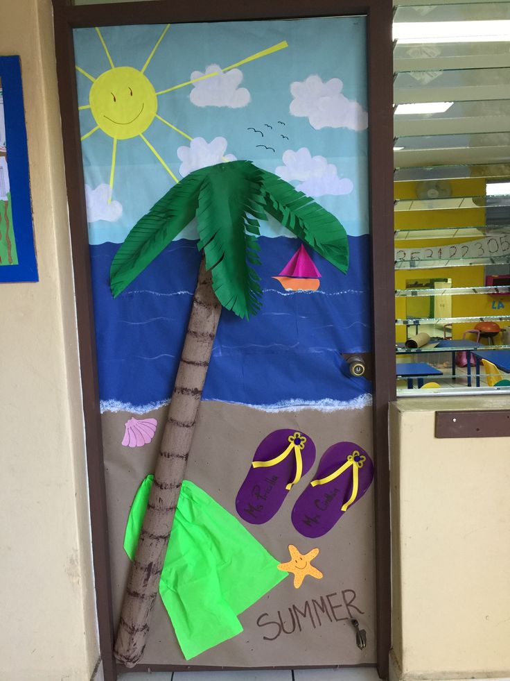 beach scene classroom door with palm trees ocean waves and summer theme