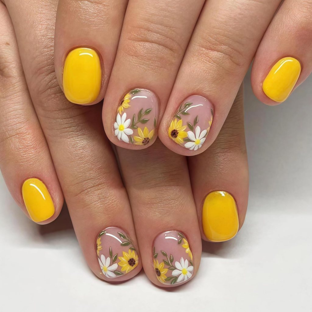A close-up of hands with colorful nail art featuring bright yellow polish on some nails and floral designs with daisies and sunflowers on others.