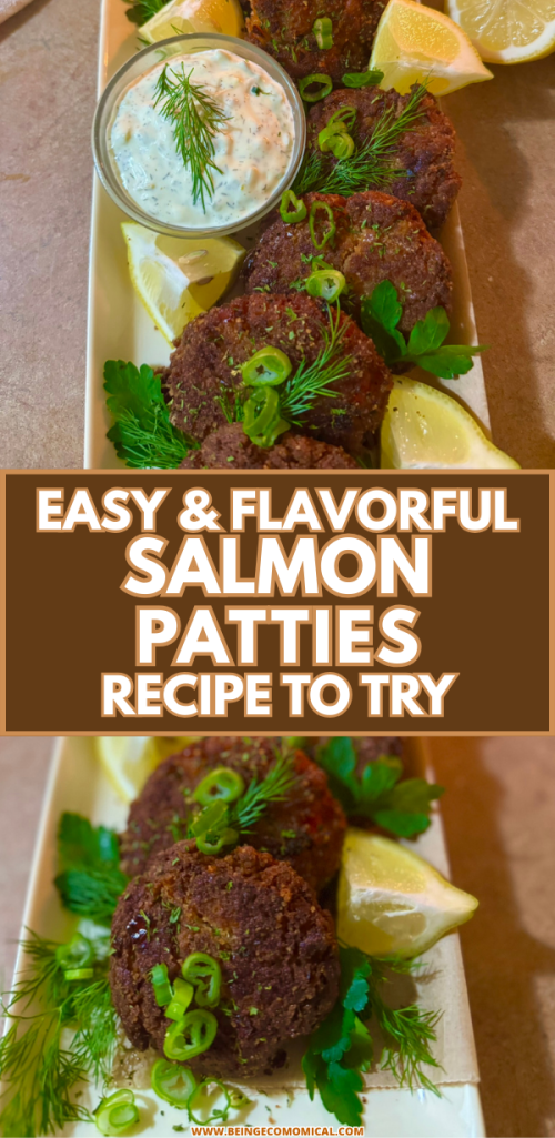 A platter of crispy salmon patties garnished with fresh herbs, green onions, and lemon wedges, accompanied by a small bowl of dipping sauce.